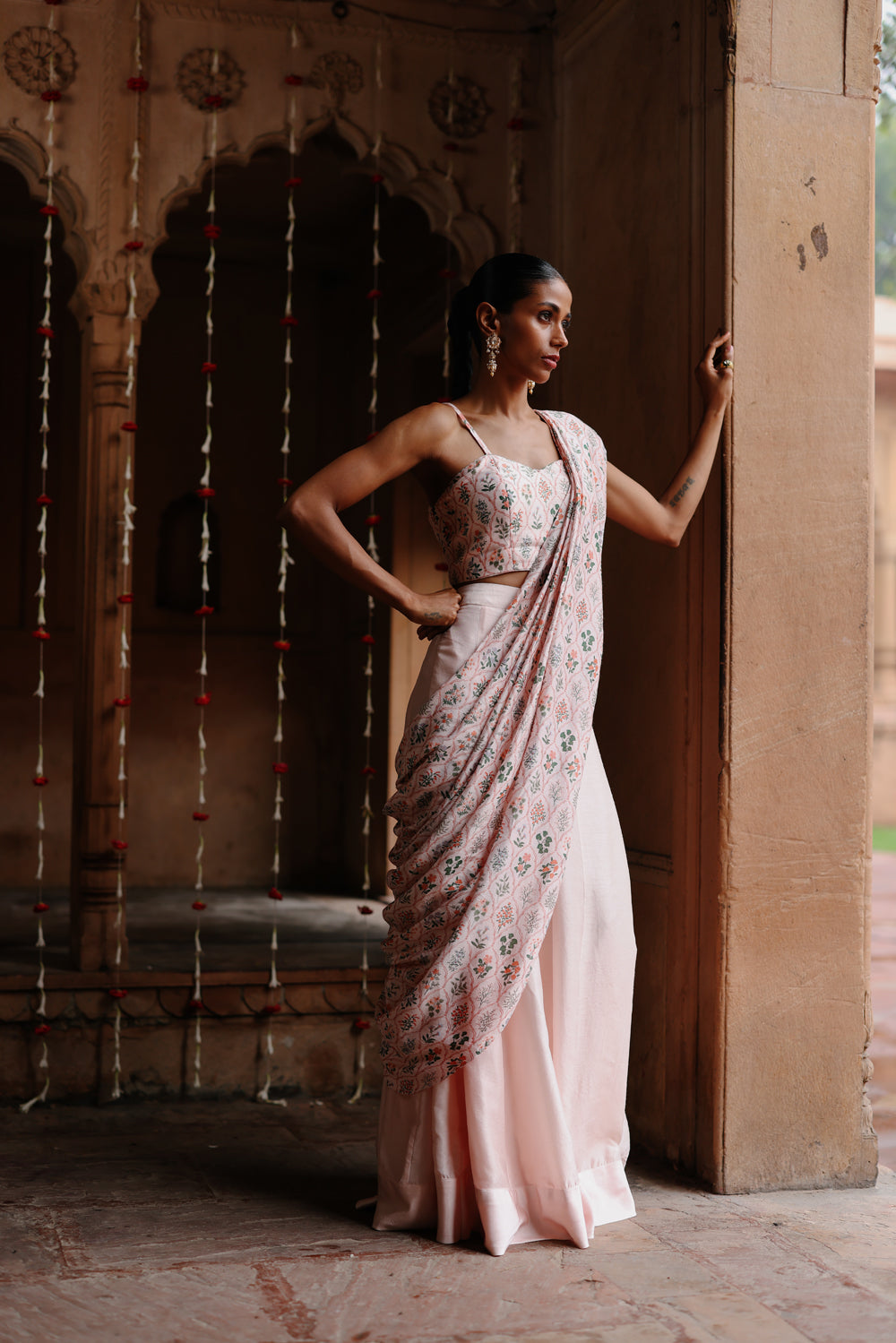 Pastel Pink Printed Fusion Saree Set