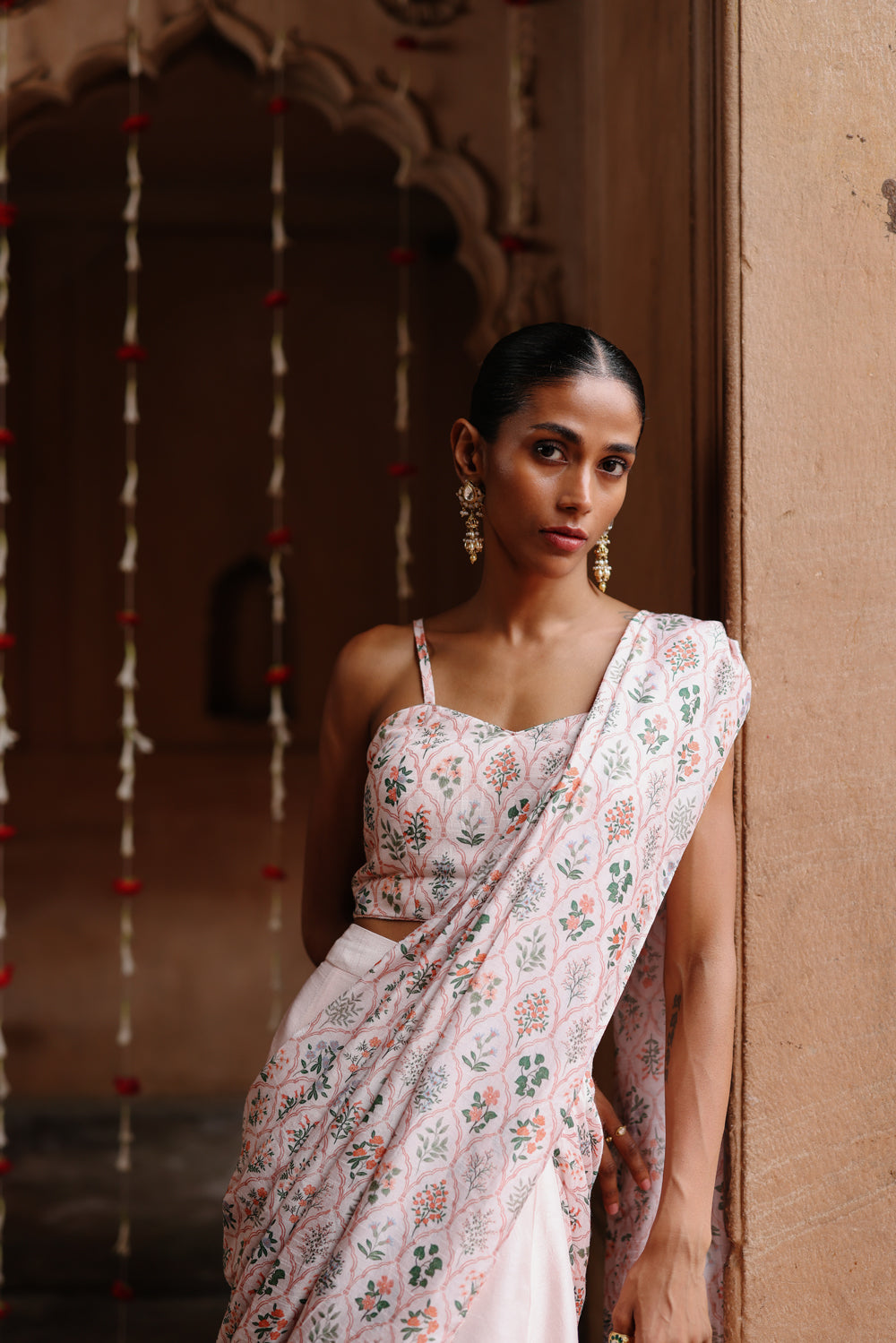 Pastel Pink Printed Fusion Saree Set