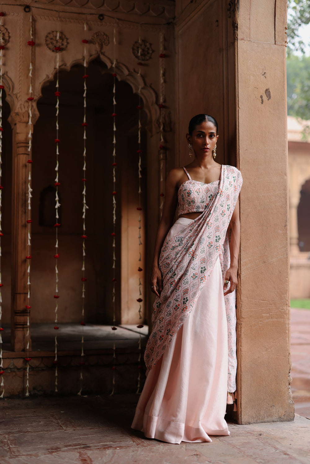 Pastel Pink Printed Fusion Saree Set