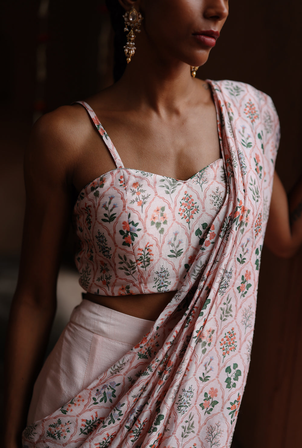 Pastel Pink Printed Fusion Saree Set