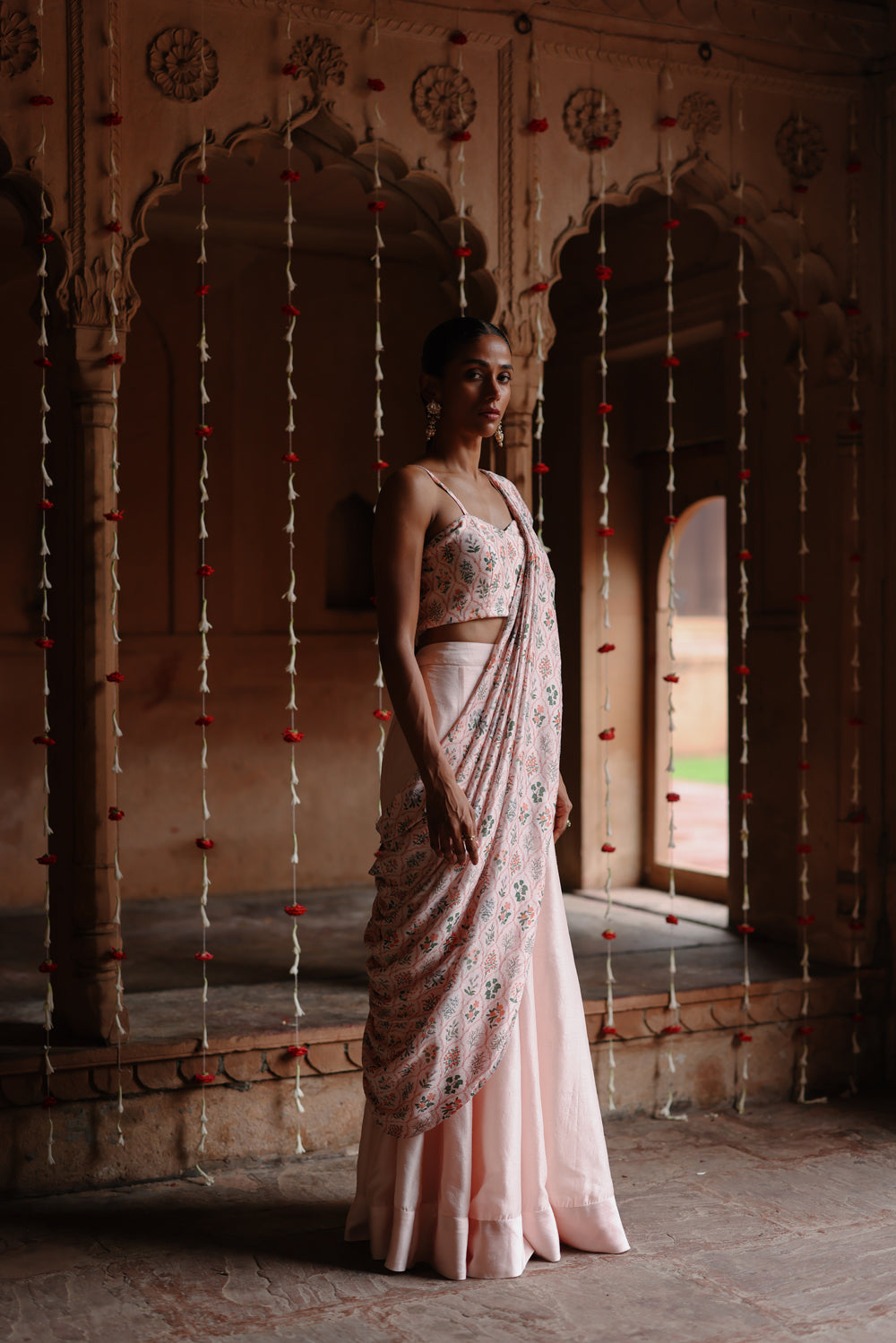 Pastel Pink Printed Fusion Saree Set