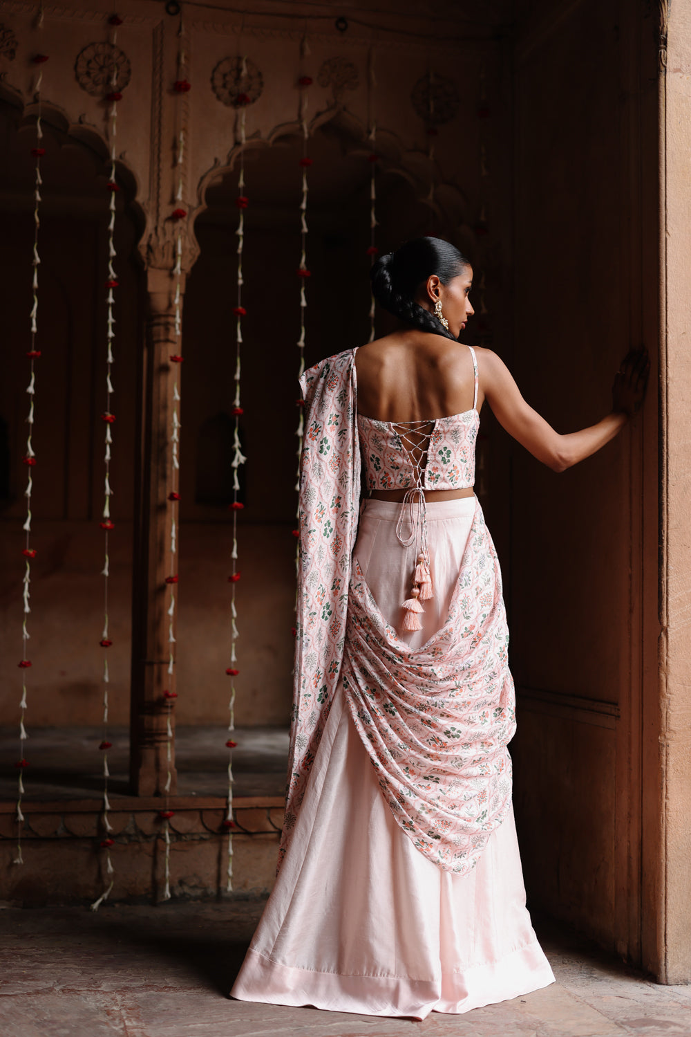 Pastel Pink Printed Fusion Saree Set