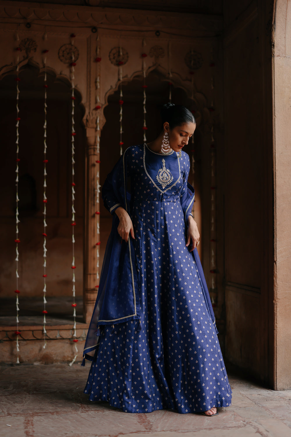 Blue Embroidered And Printed Anarkali Set