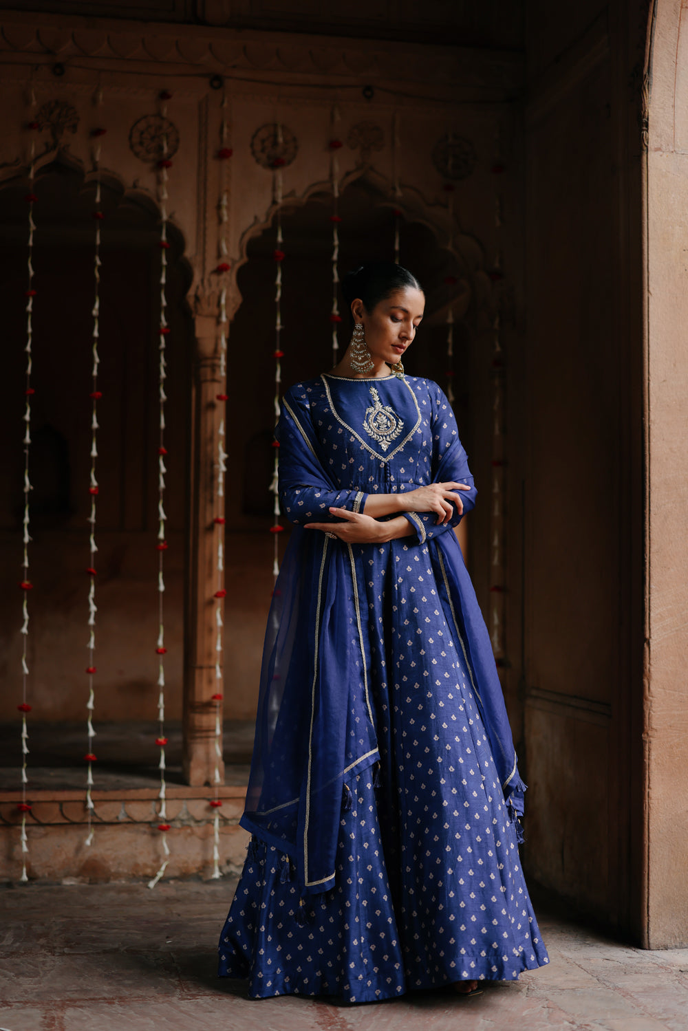 Blue Embroidered And Printed Anarkali Set