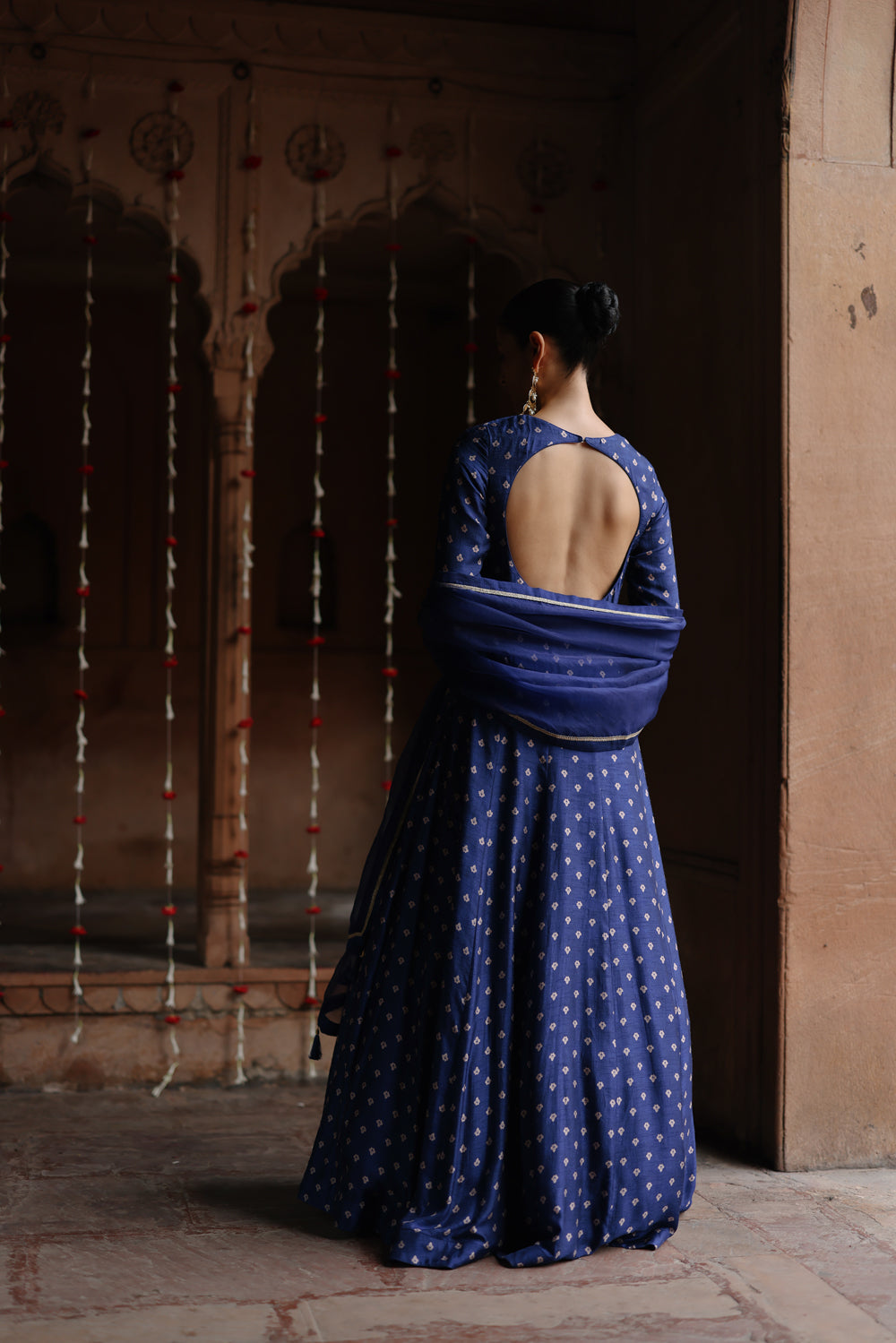 Blue Embroidered And Printed Anarkali Set