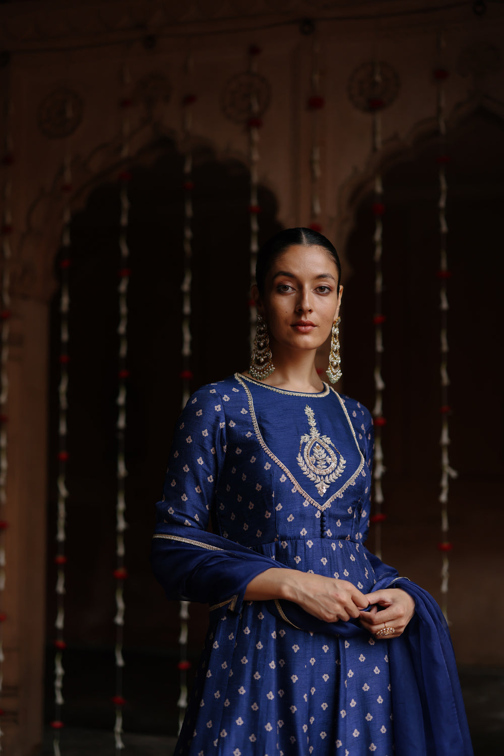 Blue Embroidered And Printed Anarkali Set