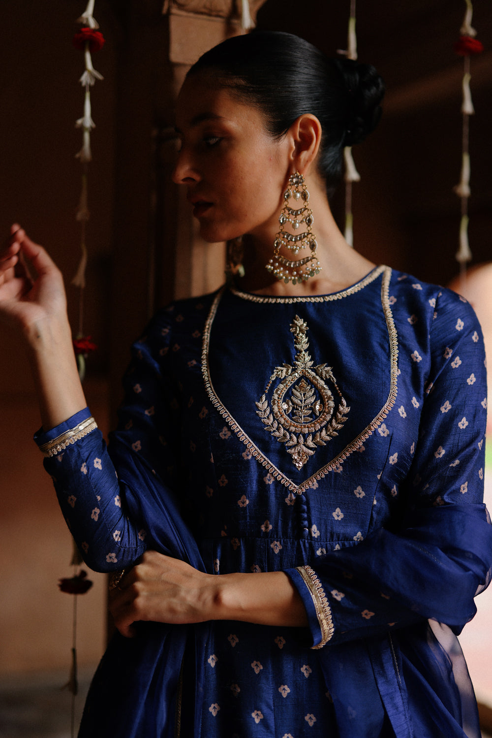 Blue Embroidered And Printed Anarkali Set