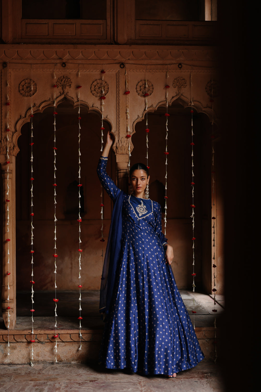 Blue Embroidered And Printed Anarkali Set