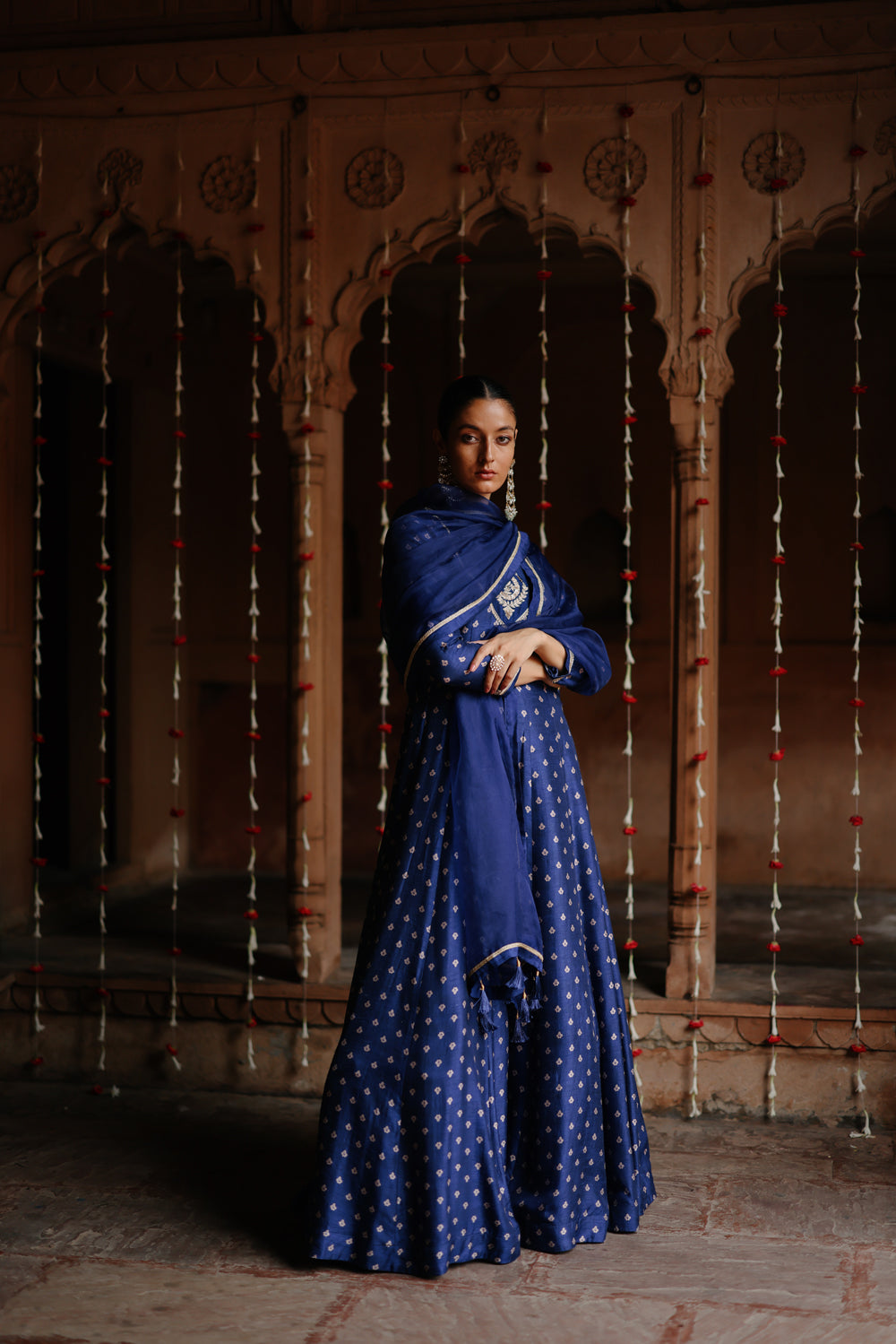 Blue Embroidered And Printed Anarkali Set