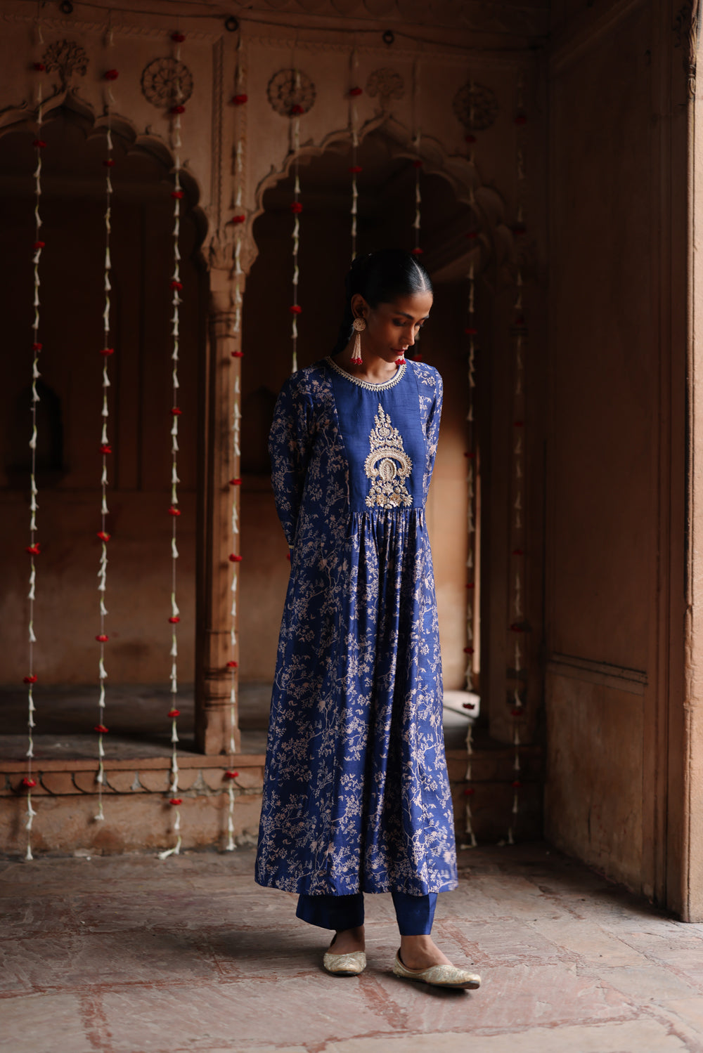 Blue Printed And Hand Embroidered  Kurta Set