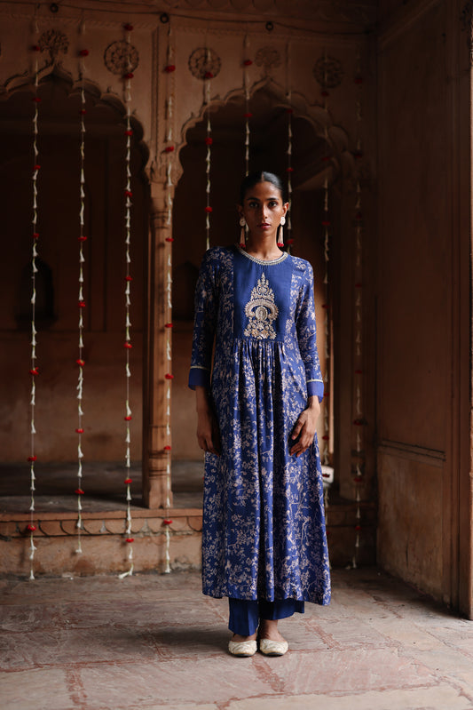 Blue Printed And Hand Embroidered  Kurta Set