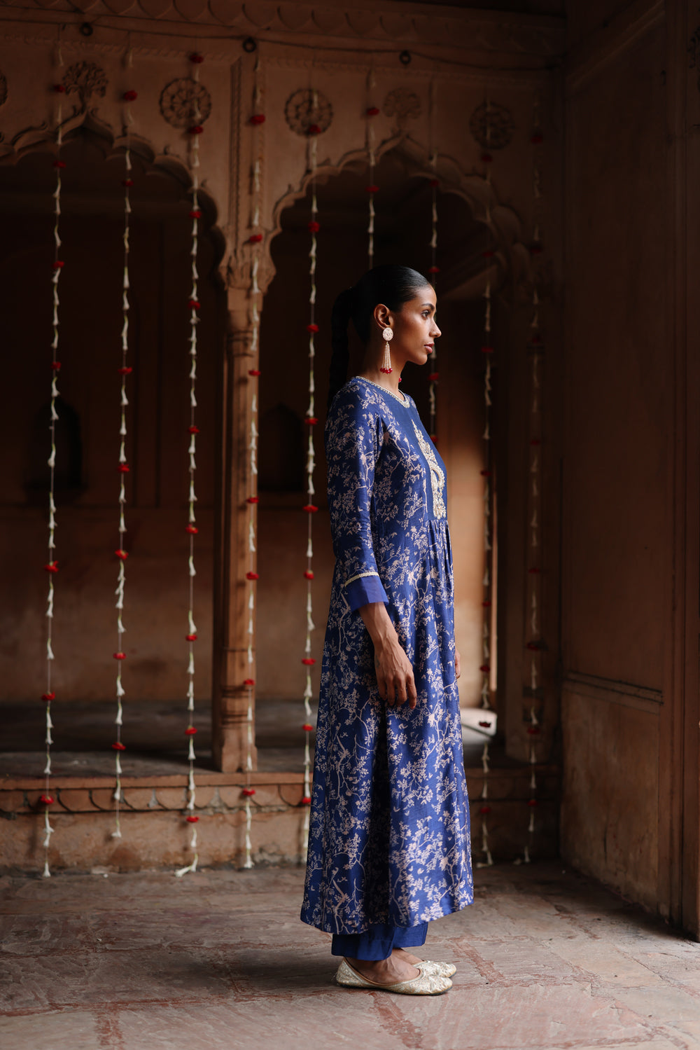 Blue Printed And Hand Embroidered  Kurta Set