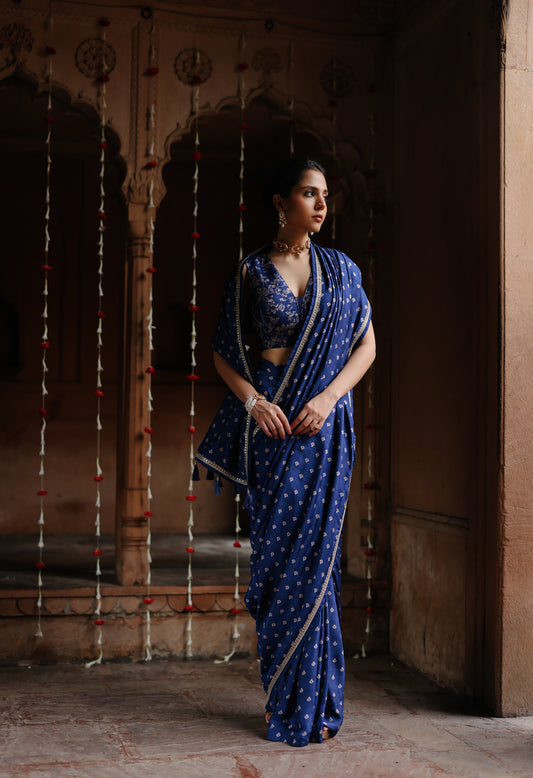 Blue Printed Pre-Stitched Saree