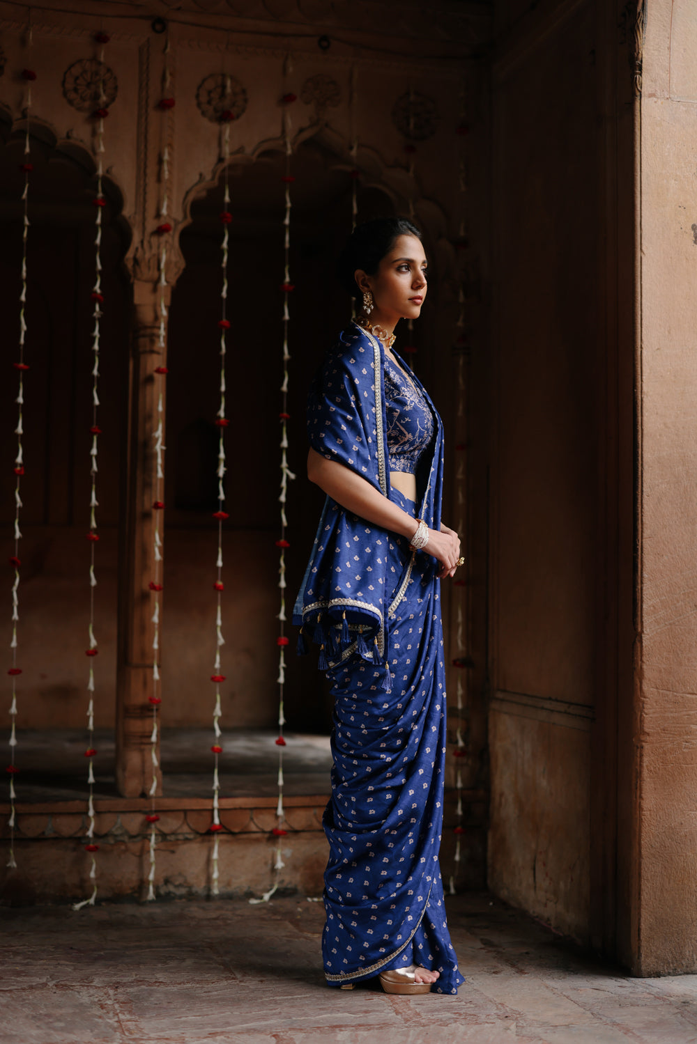 Blue Printed Pre-Stitched Saree