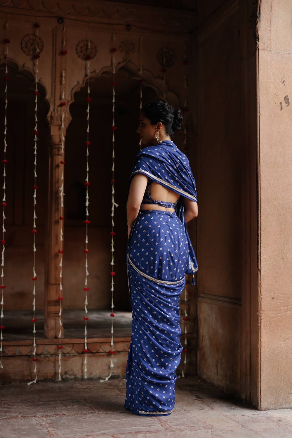 Blue Printed Pre-Stitched Saree