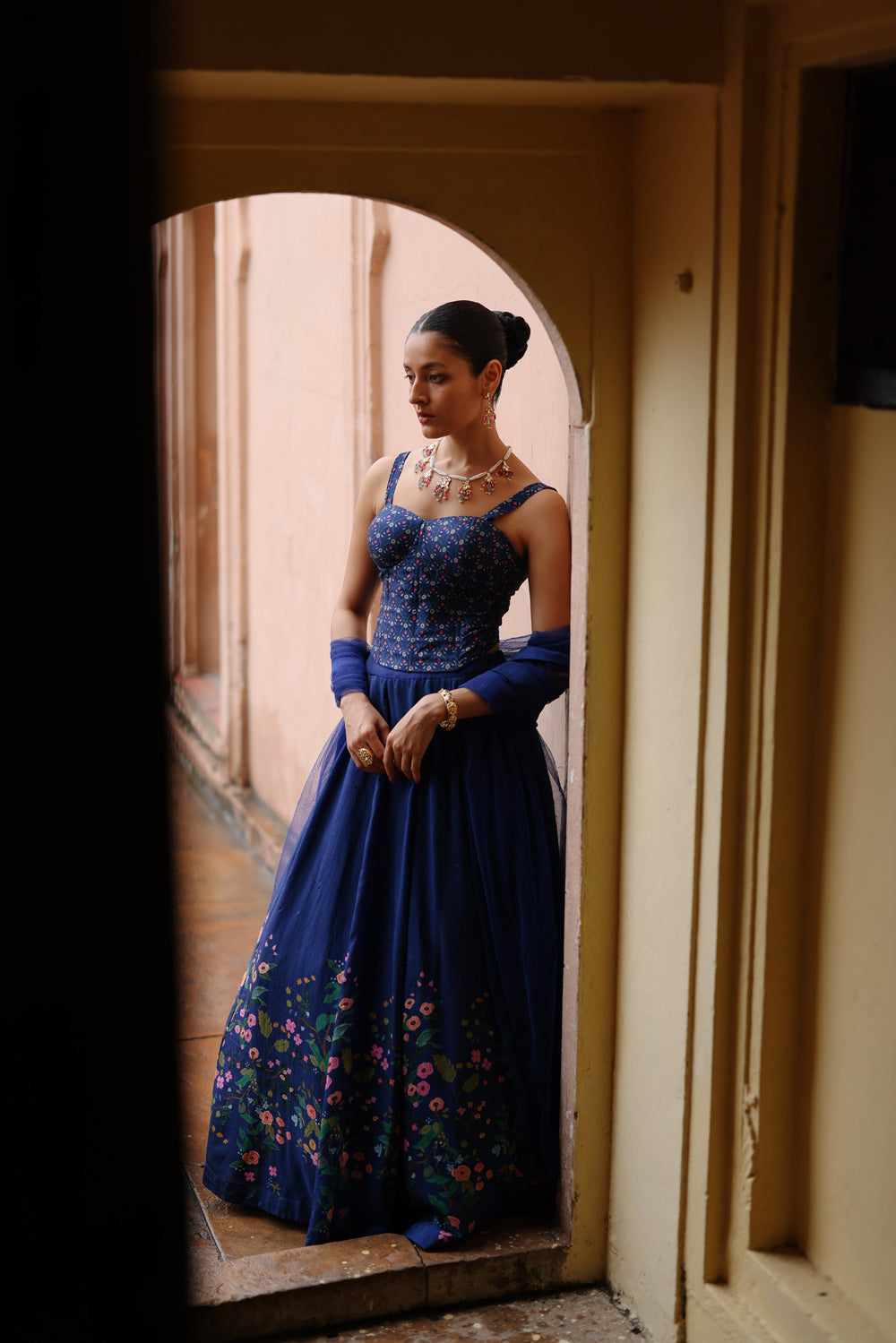 Blue Printed Lehenga And Corset