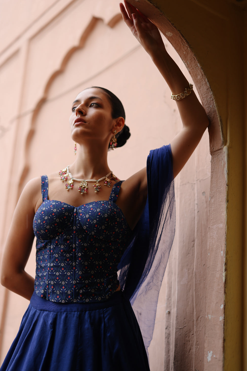 Blue Printed Lehenga And Corset