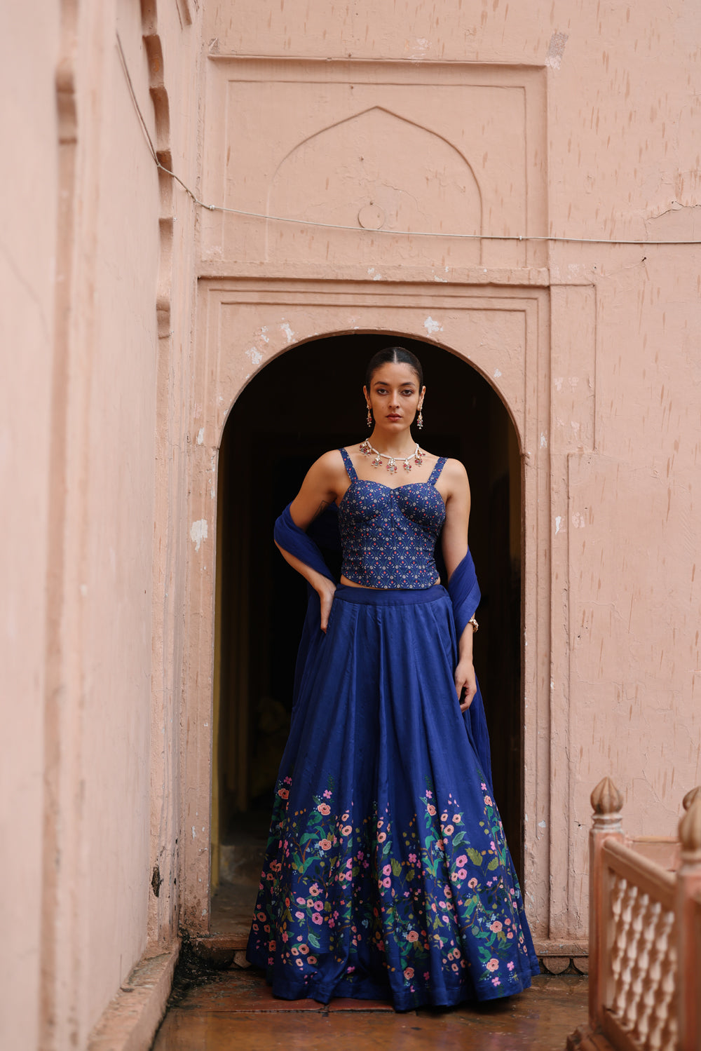 Blue Printed Lehenga And Corset