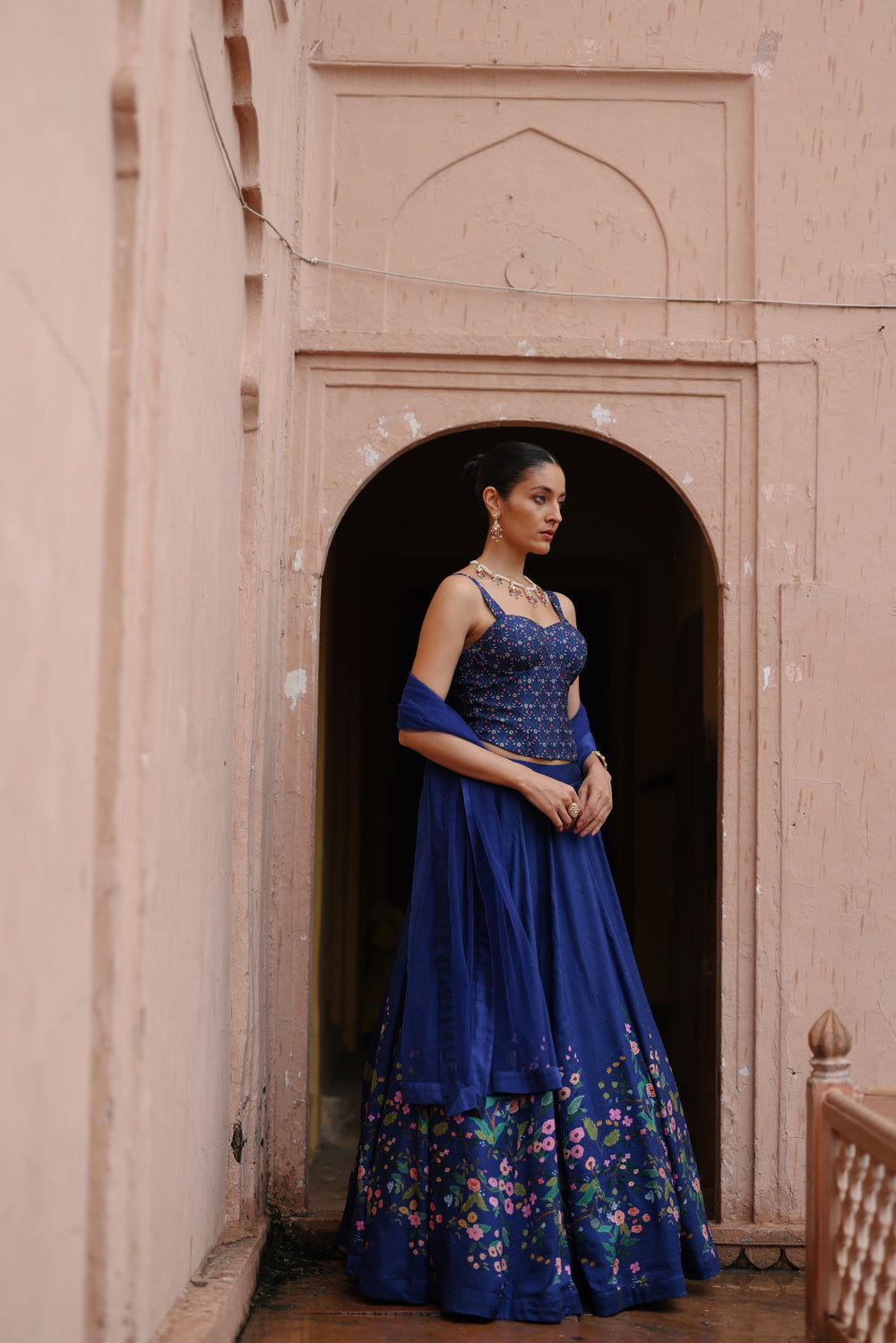 Blue Printed Lehenga And Corset