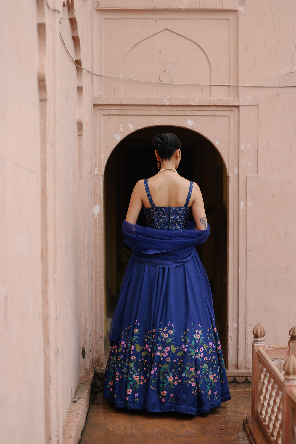 Blue Printed Lehenga And Corset