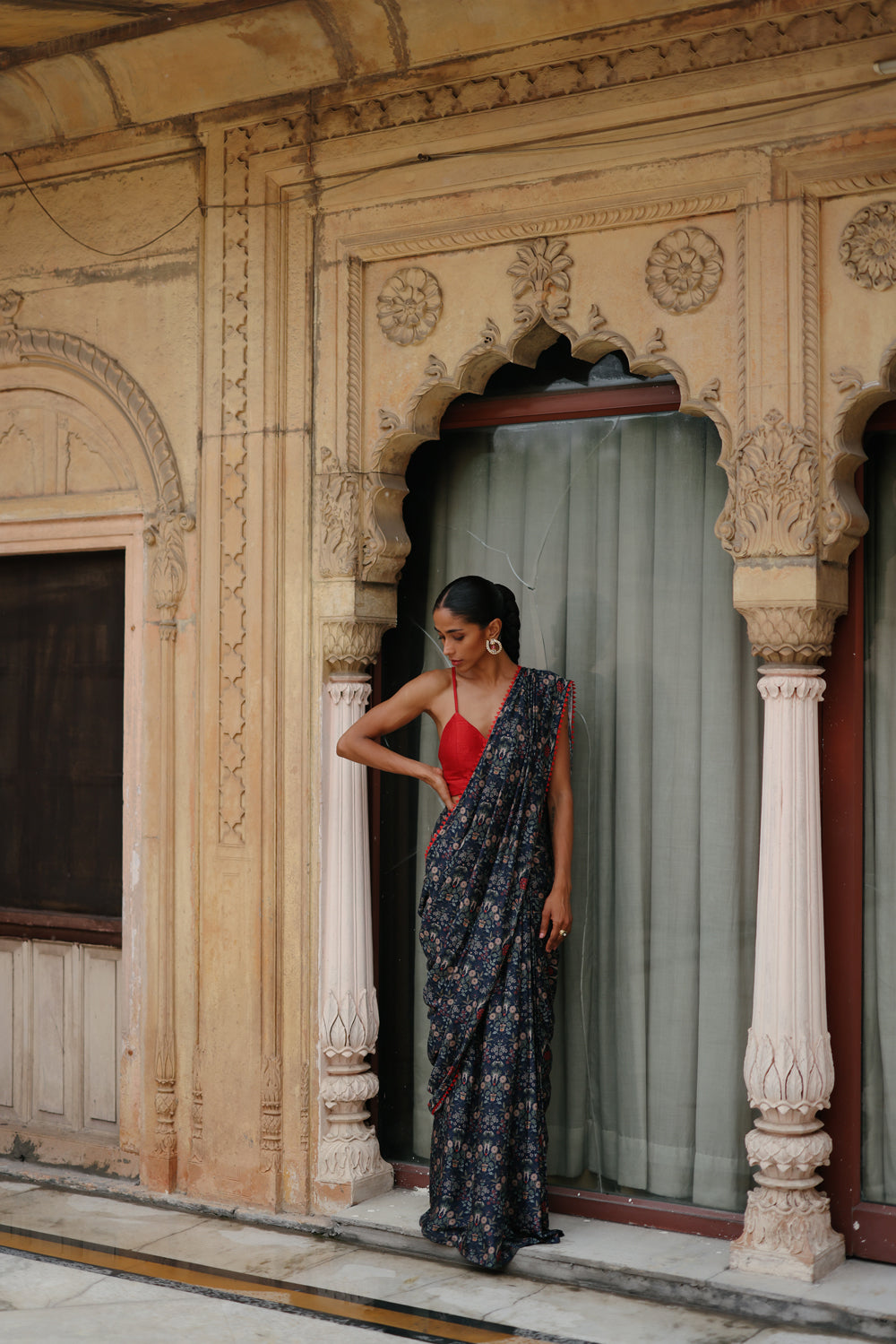 Blue Printed Pre Stitched Saree Set