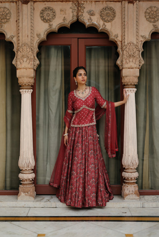 Red Embroidered And Printed Lehenga Set