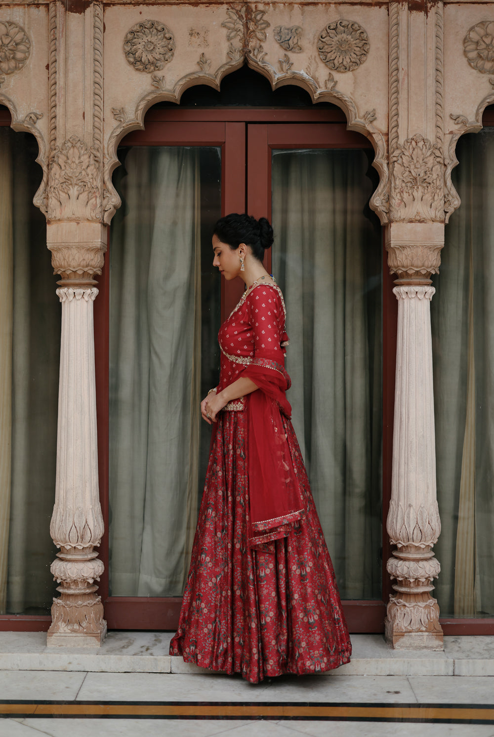 Red Embroidered And Printed Lehenga Set