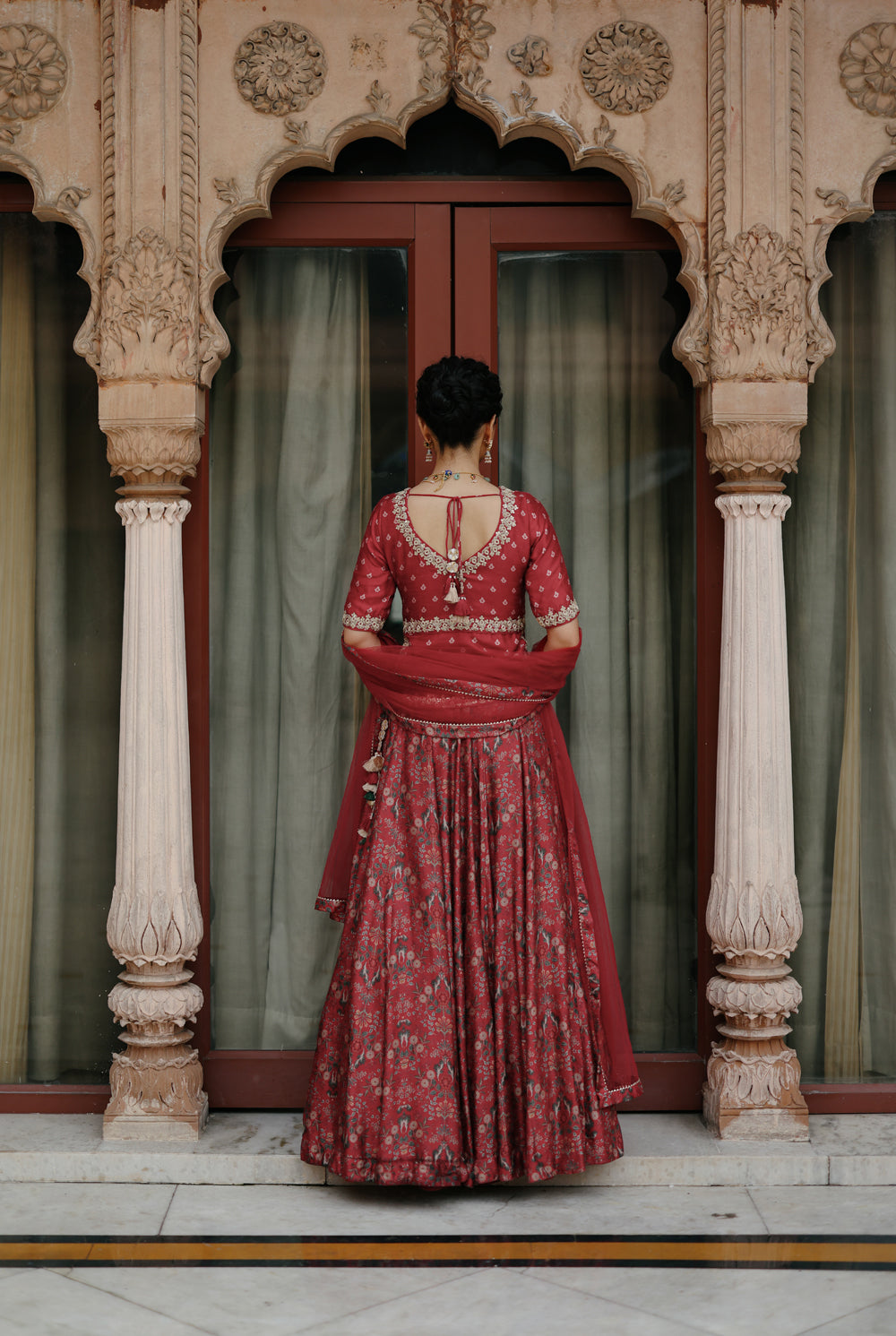 Red Embroidered And Printed Lehenga Set