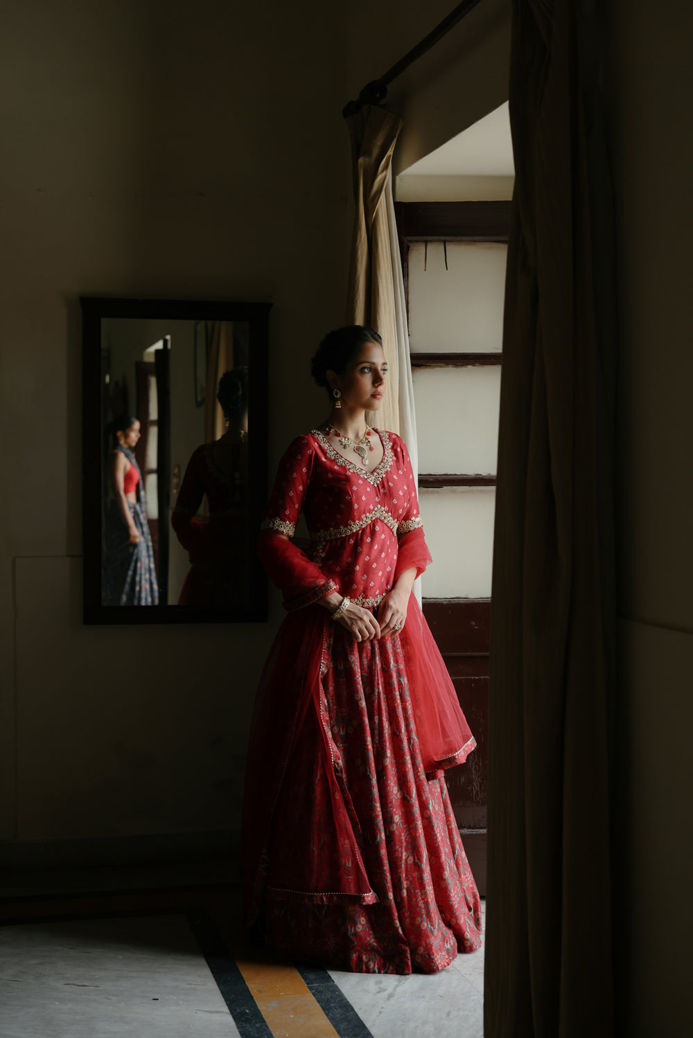 Red Embroidered And Printed Lehenga Set