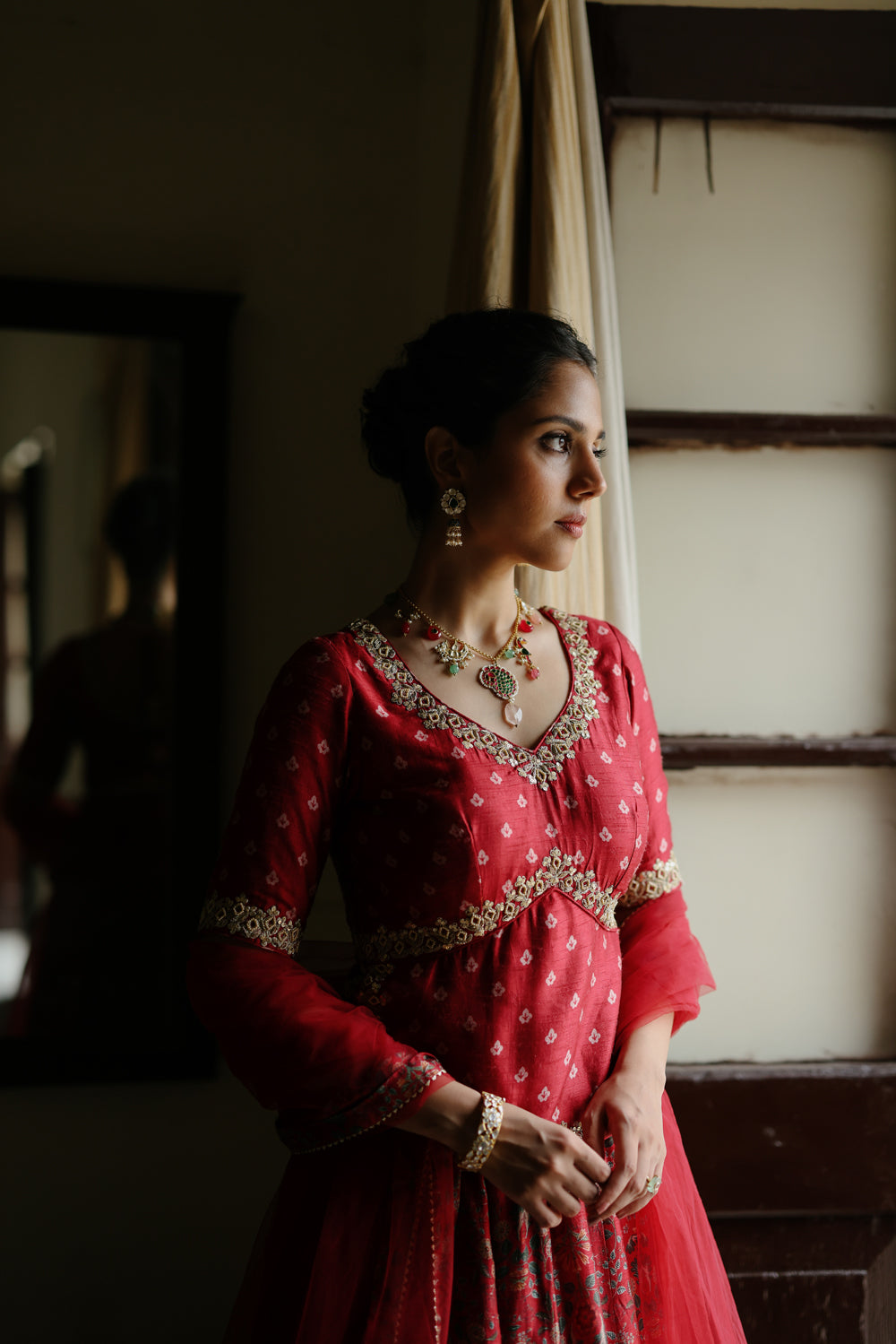 Red Embroidered And Printed Lehenga Set