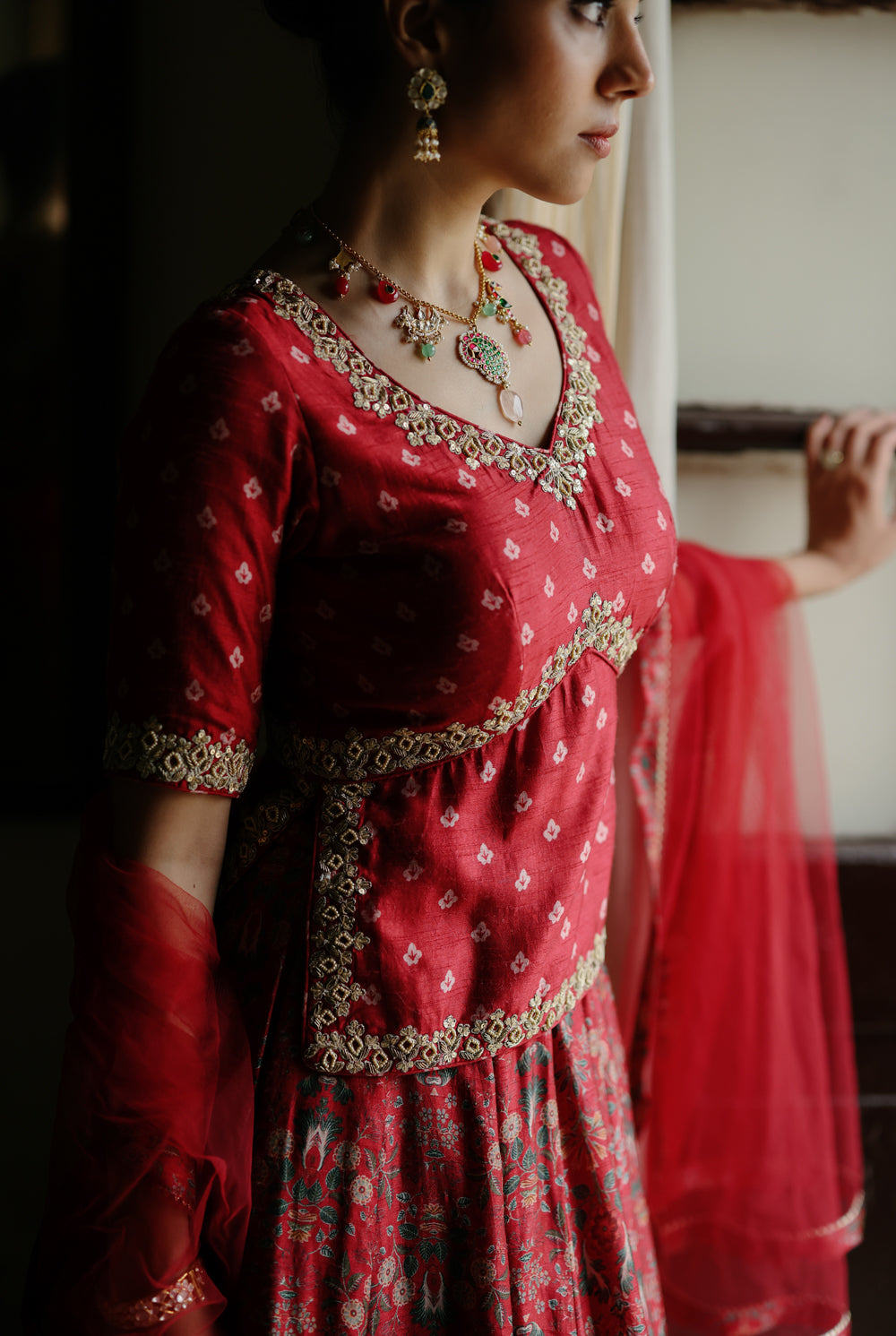 Red Embroidered And Printed Lehenga Set