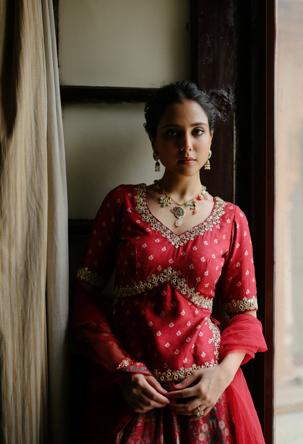 Red Embroidered And Printed Lehenga Set