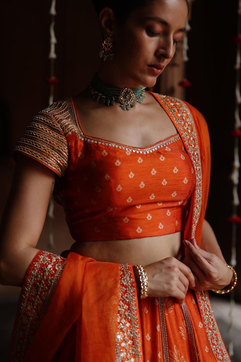 Orange Embroidered And Printed Lehenga Set