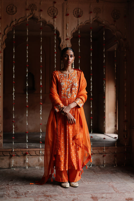 Orange Printed And Hand Embroidered  Kurta Set