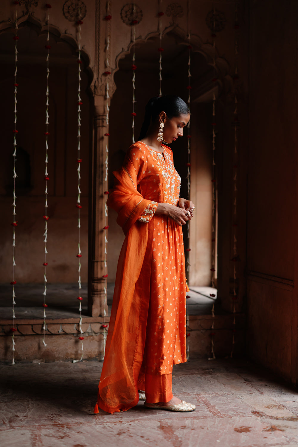 Orange Printed And Hand Embroidered  Kurta Set