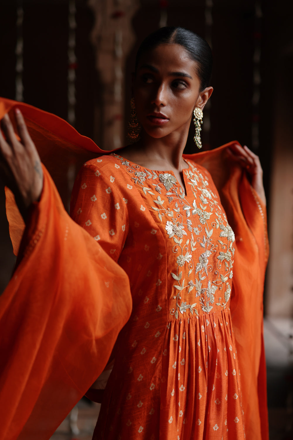 Orange Printed And Hand Embroidered  Kurta Set