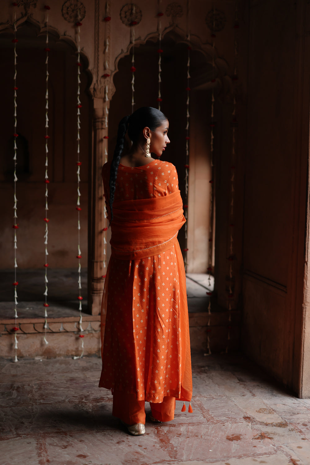 Orange Printed And Hand Embroidered  Kurta Set