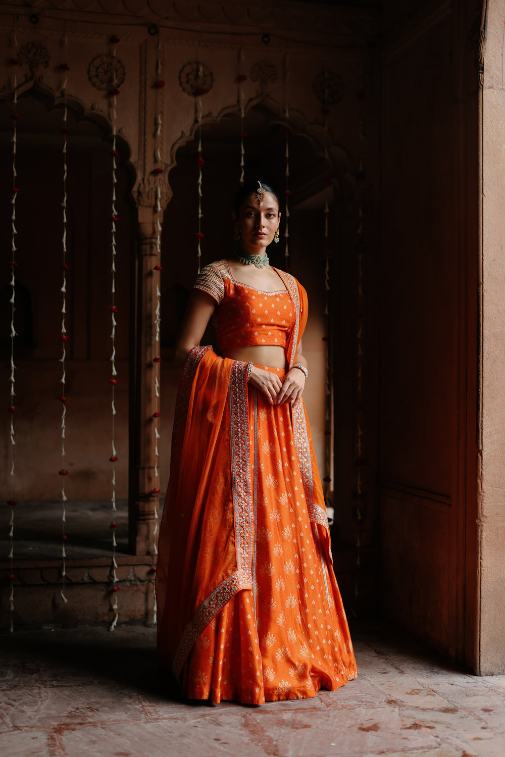 Orange Embroidered And Printed Lehenga Set