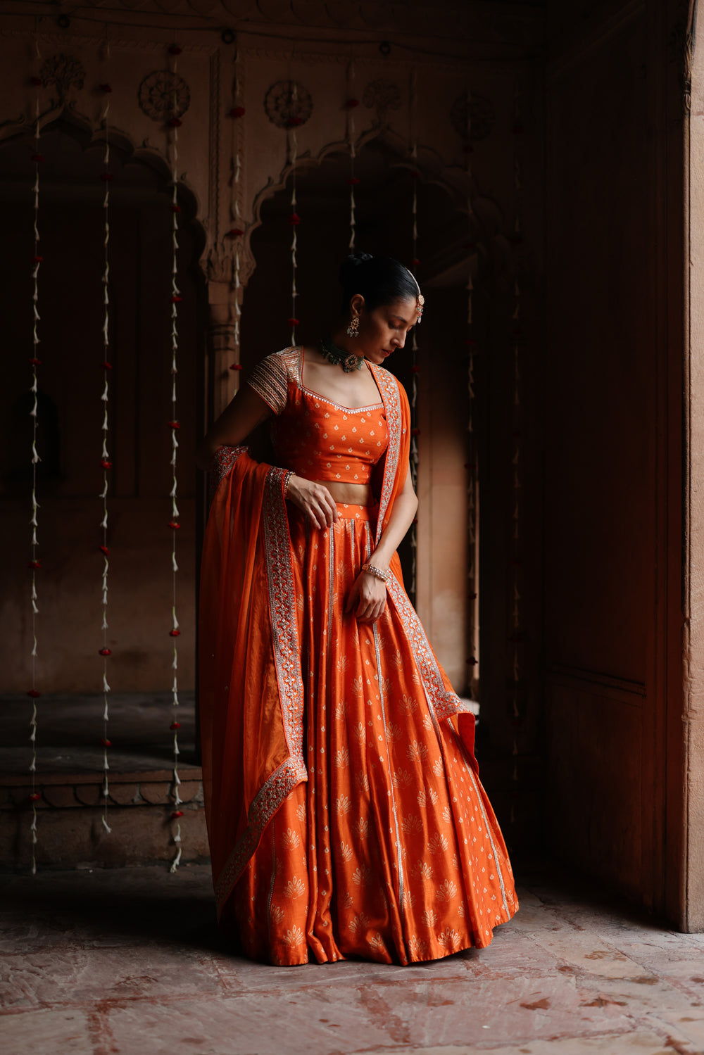 Orange Embroidered And Printed Lehenga Set