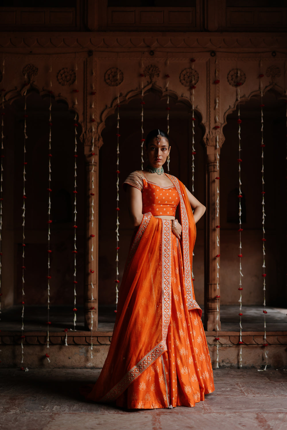 Orange Embroidered And Printed Lehenga Set