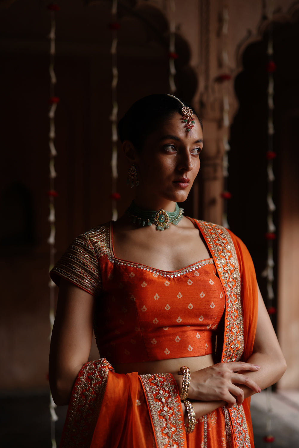 Orange Embroidered And Printed Lehenga Set