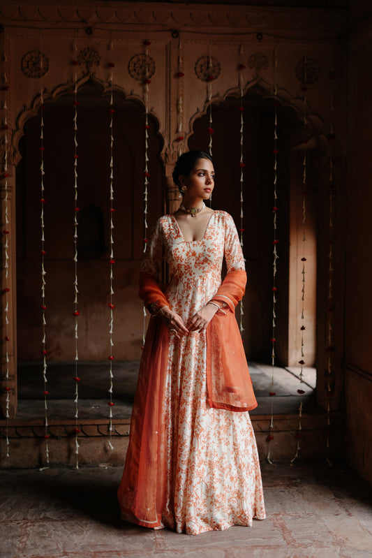 Cream Printed And Embroidered Anarkali Set