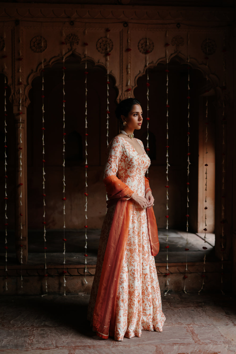 Cream Printed And Embroidered Anarkali Set