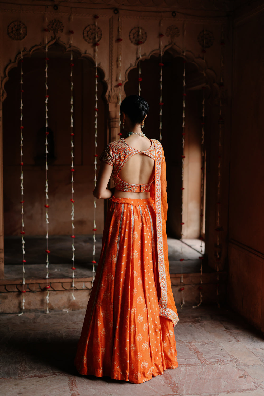 Orange Embroidered And Printed Lehenga Set