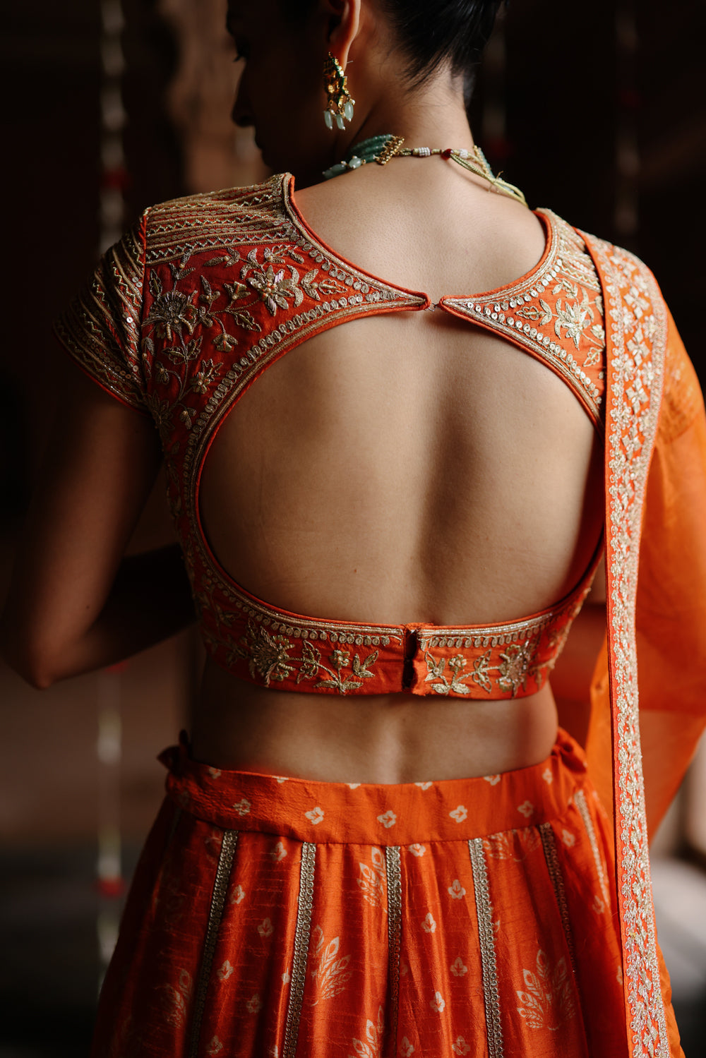 Orange Embroidered And Printed Lehenga Set