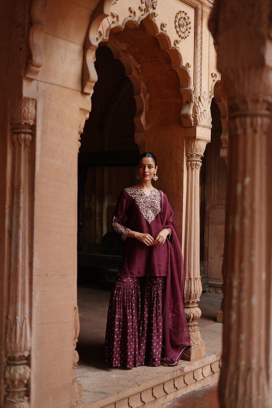 Wine Embroidered Sharara Set