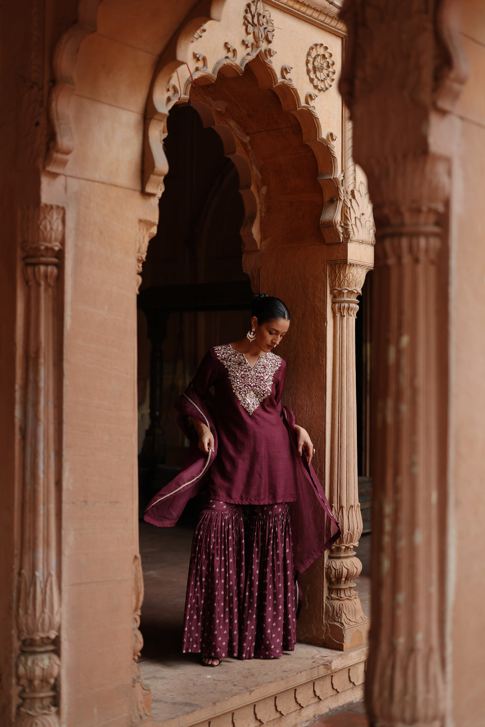 Wine Embroidered Sharara Set