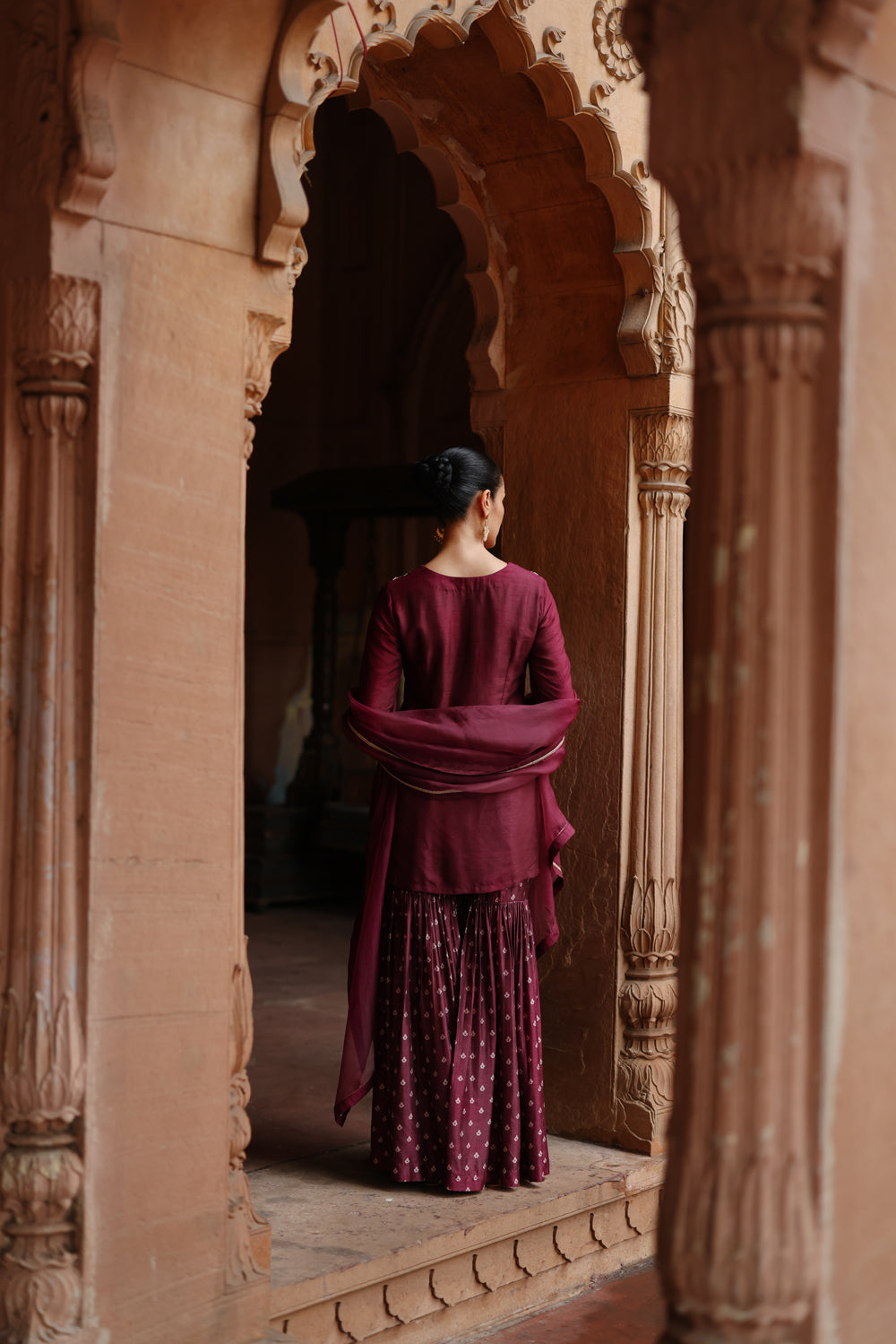 Wine Embroidered Sharara Set