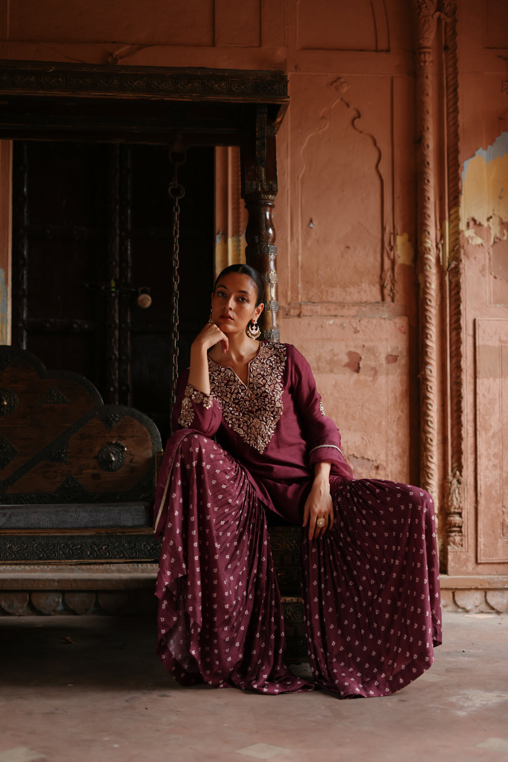 Wine Embroidered Sharara Set