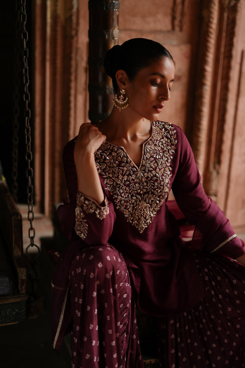 Wine Embroidered Sharara Set